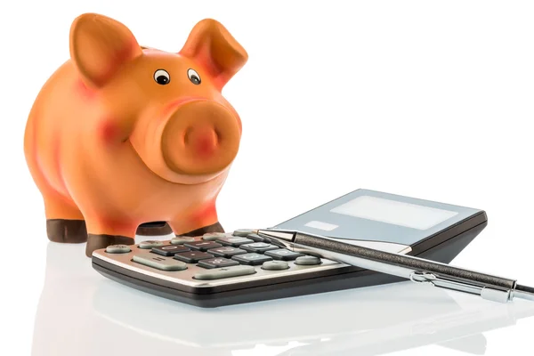 Red pencil, piggy bank and calculator — Stock Photo, Image