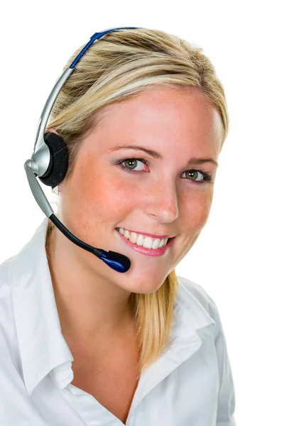 Vrouw met hoofdtelefoon in klantenservice — Stockfoto