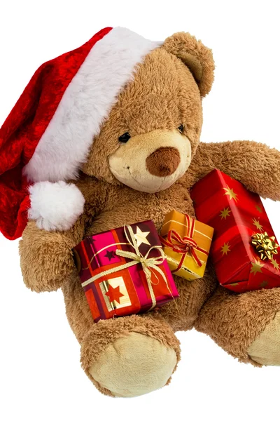 Teddy bear with christmas gifts — Stock Photo, Image