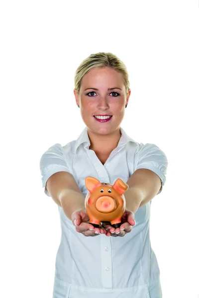 Mulher com um banco porquinho — Fotografia de Stock