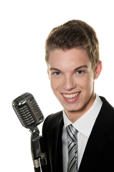 Young singer with retro microphone — Stock Photo, Image