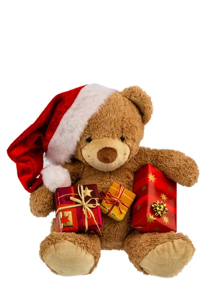 Urso de pelúcia com presentes de Natal — Fotografia de Stock