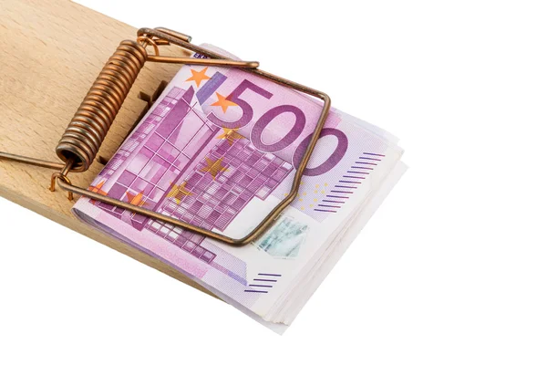 Euro banknotes in mouse trap — Stock Photo, Image