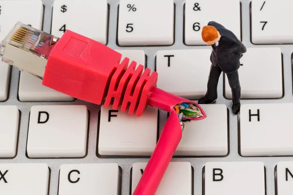 Workers, network connector, keyboard — Stock Photo, Image