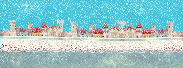 Kış Kasabası Karlı Suluboya Çizimi — Stok fotoğraf