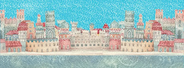 Winter Town Snowy Watercolor Illustration — Stockfoto
