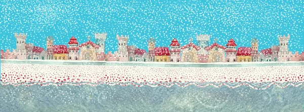 冬の町雪の水彩イラスト ストックフォト