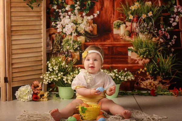 Girl One Year Old Shooting Studio Background Flowers Wooden Background Stock Photo