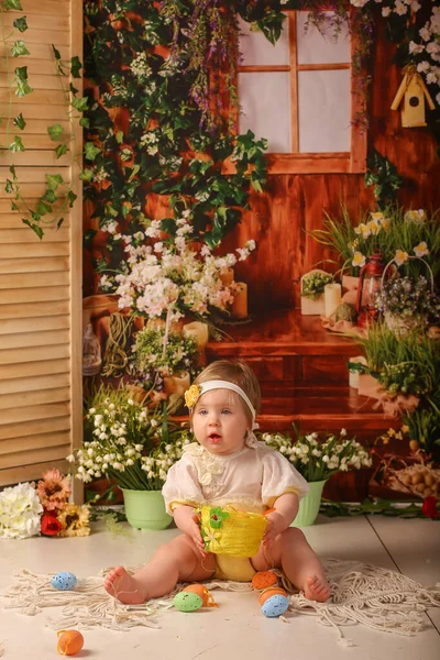 Girl One Year Old Shooting Studio Background Flowers Wooden Background Stock Picture
