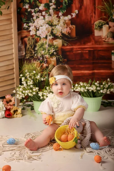 Portrait Girl One Year Old Shooting Studio Background Flowers Wooden Stock Image