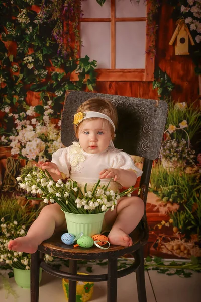 Portret Dziewczyna Jeden Rok Strzelanie Studio Siedzi Drewnianym Krześle Snowdrops Obrazek Stockowy