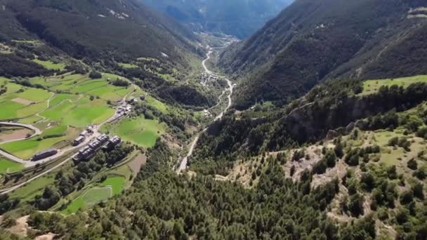 Aerial Top View Town Andorra Vella Dağları Funicamp Encamp Katalonya — Stok video
