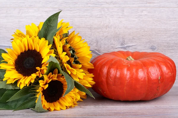 Pumpkin with sunflower — Stock Photo, Image