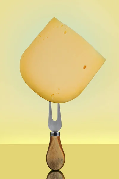 Close Shot Cheese Slices Fork Yellow Background — Stock Photo, Image