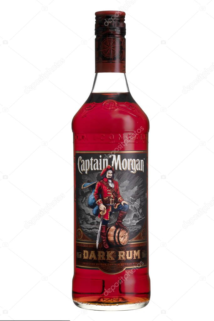 Hamburg, Germany - January 15. 2022, Glass bottle of Capitain Morgan Jamaica Dark rum.