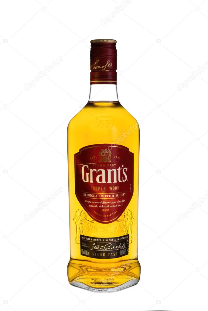 Hamburg, Germany - January 15. 2022, Glass bottle of Grants blended scotch whisky.
