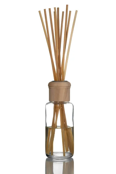 Home fragrance diffuser with wooden sticks on white background — Stock Photo, Image