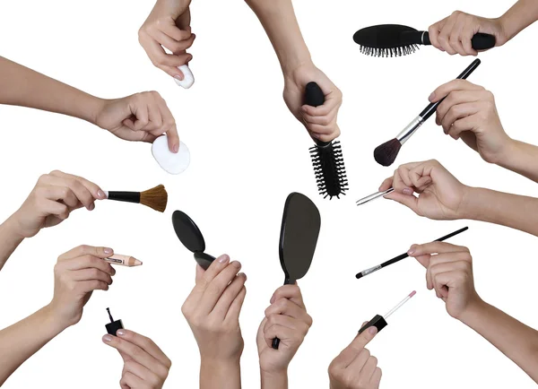 Beaucoup de mains avec équipement de maquillage — Photo