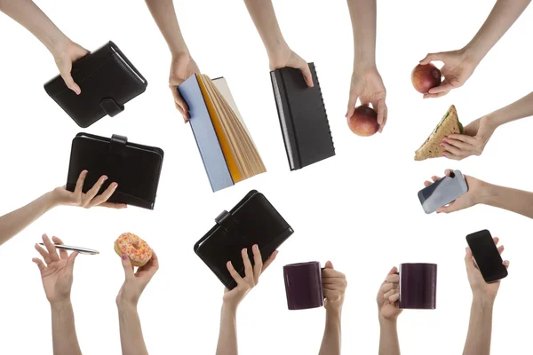 Vrouw hand met veel verschillende objecten — Stockfoto