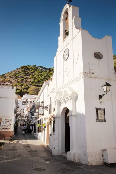 Kapel Van San Sebastian Mijas Witte Klokkentoren Met Klok Stockfoto