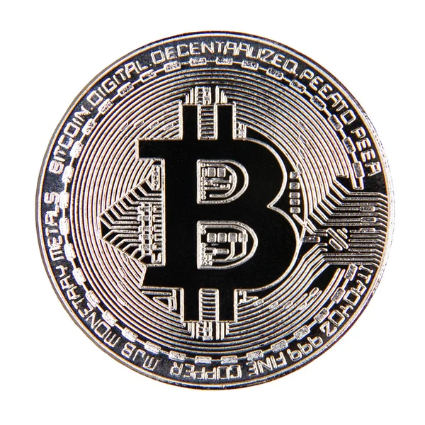 Imagem Ainda Vida Único Bitcoin Feito Metal Isolado Branco — Fotografia de Stock