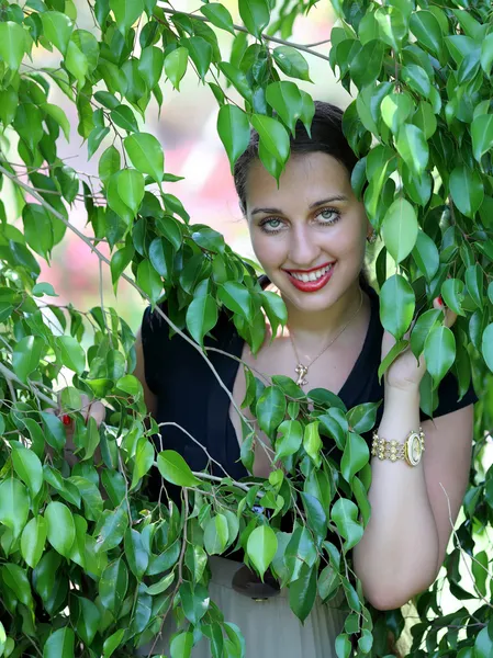 Mulher posando perto de árvore verde — Fotografia de Stock