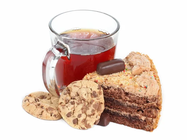 Chocolate cake with cup of tea — Stock Photo, Image