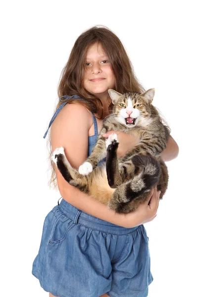 Flicka med katt — Stockfoto