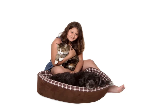 A girl with cat and dog — Stock Photo, Image