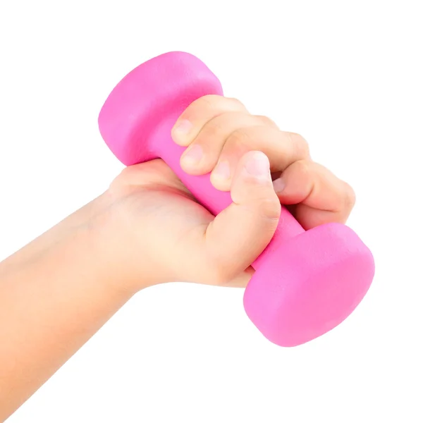 Dumbbell rosa na mão da criança — Fotografia de Stock