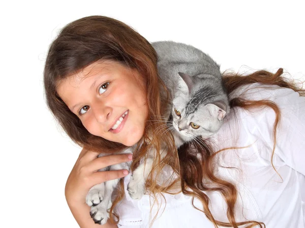 Liten flicka och kattunge — Stockfoto