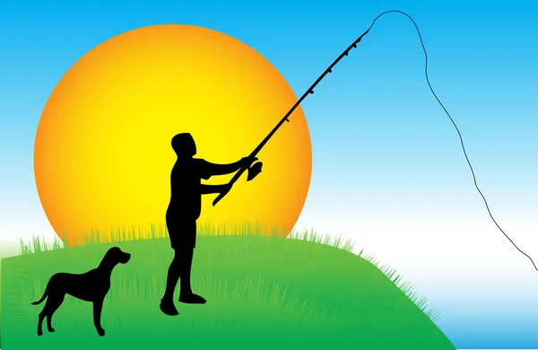 Silueta de pescador con perro — Vector de stock