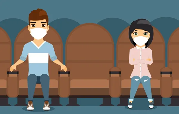 一对年轻夫妇正在电影院看一部电影 这男的和女的蒙面 保持距离 检疫措施 向量图以平坦的样式显示 — 图库矢量图片
