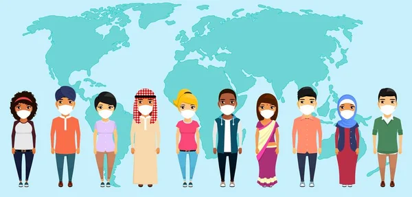 Jovens Máscaras Protetoras Diferentes Nacionalidades Fundo Mapa Mundo Asiático Latino —  Vetores de Stock