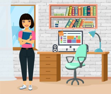 Genç bir öğrenci evde sınavlara çalışıyor veya hazırlanıyor. Genç bir öğrenci çok çalışır. Güzel bir kız elinde kitapla ayakta duruyor. Eğitim sürecinin bir yansıması. Düz stil. Çizgi film