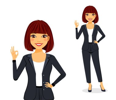 Kız takım elbise içinde çok çekici. Tam boy ve portre. El hareketleriyle. Beyaz arka planda düz stil. Çizgi film