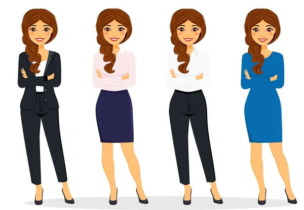 Zestaw Młodych Kobiet Różnych Ubraniach Biznes Pracownik Biurowy Biznes Finanse — Wektor stockowy