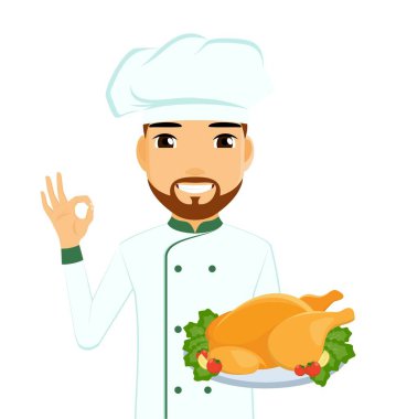 Elinde tabak olan bir aşçı, profesyonel aşçılık yetenekleri. Beyaz arka planda düz stil. Çizgi film