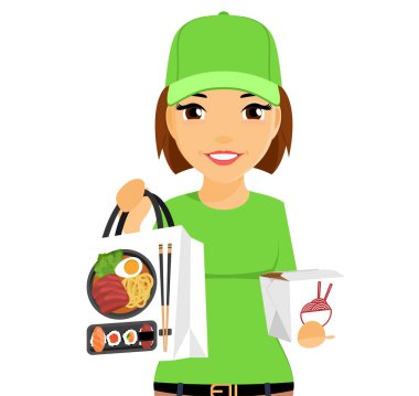 Genç bir kurye kızın elinde suşi, suşi teslimatı var. Suşi ve teslimat. Beyaz arka planda düz stil. Çizgi film