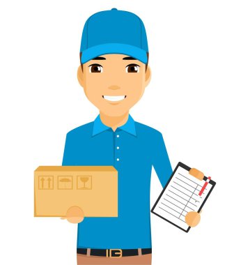 Genç bir adam, elinde bir kutu tutan bir kurye. Teslimat servisi. Beyaz arka planda düz stil. Çizgi film