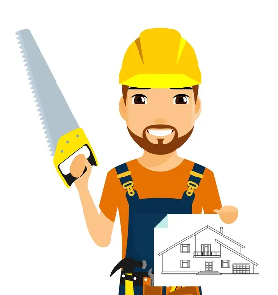 Professional Builder Saw His Hand Flat Style White Background Cartoon — Stock Vector