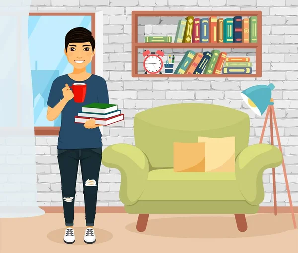 本や紅茶やコーヒーを片手に家に立っている若い男 若い男が試験の勉強と準備をしている 漫画風の平面ベクトルイラスト — ストックベクタ