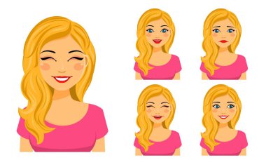 Farklı duyguları olan genç ve çekici bir kız. - Evet. Üzgün, şaşırmış, mutlu, gülen. Beyaz arka planda düz stil. Çizgi film