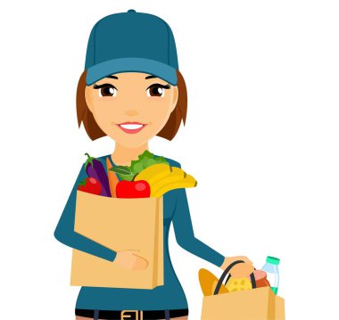 Genç bir kurye kız elinde yiyecek torbaları tutuyor. Yemek dağıtım servisi. Beyaz arka planda düz stil. Çizgi film