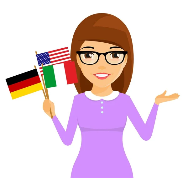 Fremdsprachenunterricht Ein Junges Mädchen Hält Flaggen Verschiedener Länder Der Hand — Stockvektor