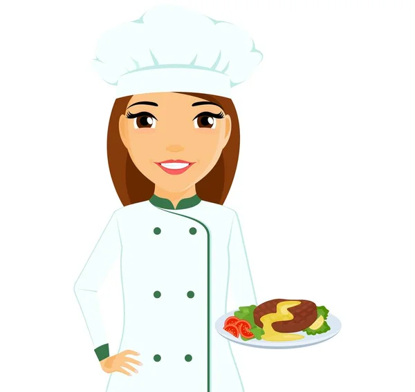 Young Girl Chef Dish Her Hand Professional Master Cook Flat — Stock Vector