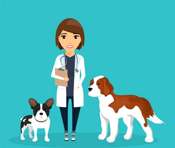 Ένα Κορίτσι Είναι Κτηνίατρος Στέκεται Δίπλα Στα Σκυλιά Φροντίδα Και — Διανυσματικό Αρχείο