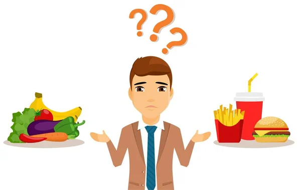 一个男人在健康的食物和不健康的食物之间做出选择 健康饮食 白色背景的扁平风格 — 图库矢量图片