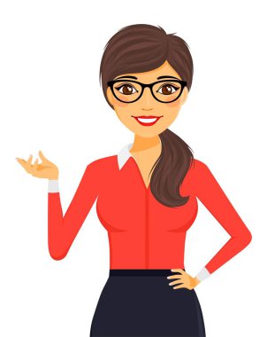 Genç bir kız gülümser, el hareketi yapar. Beyaz arka planda düz stil. Çizgi film