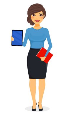 Kız elinde bir kitap tutarak tableti gösteriyor. Kavram, genç bir iş adamı kız. İş ve finans. Karakter. Beyaz arka planda düz stil. Çizgi film